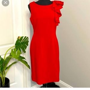 Red dress with one ruffle sleeve